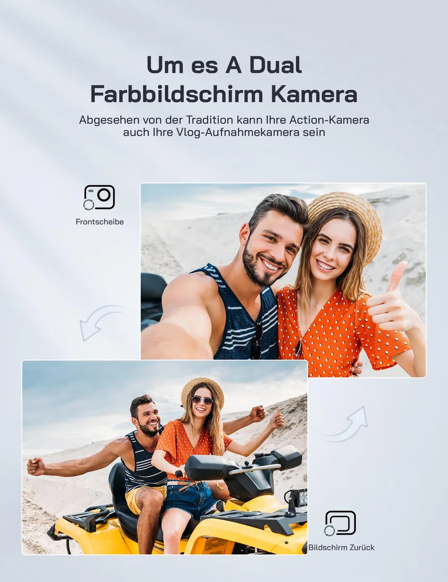WOLFANG GA420 Action Cam 4K 60FPS Unterwasserkamera WiFi 10M Wasserdicht ohne Gehäuse 3.0 EIS Bildstabilisator Dual Screen Helmkamera (Externem Mikrofon, 2x1350mAh Akkus und Zubehör Kit)