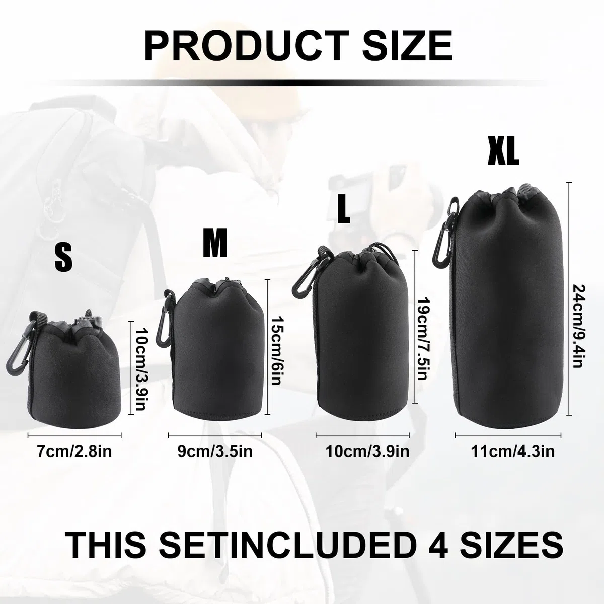 4 Stück Objektivtasche Set aus Neopren Objektivbeutel in 4 Größen,Schwarz mit Kordelzug, Kamerazubehör Schutz für Kamera Objektiv,weiche Schutzbeutel für DSLR Zubehör Canon Nikon Sony Pentax Olympus
