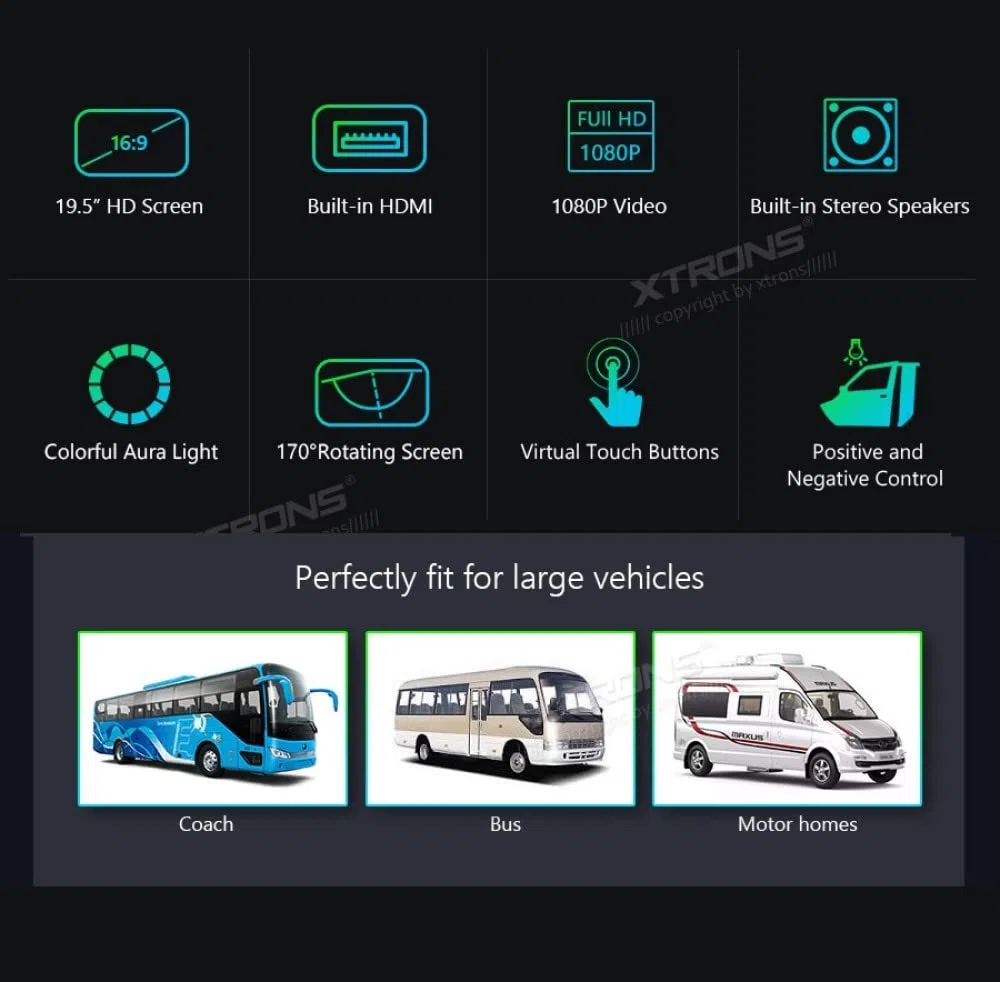 XTRONS 19,5 Zoll HD-Digital TFT 16: 9-Bildschirm-Auto-Overhead-Video Ultradünner Autodach-Player mit integrierten HDMI/AV/USB-Lautsprechern und Buntem Aura-Licht