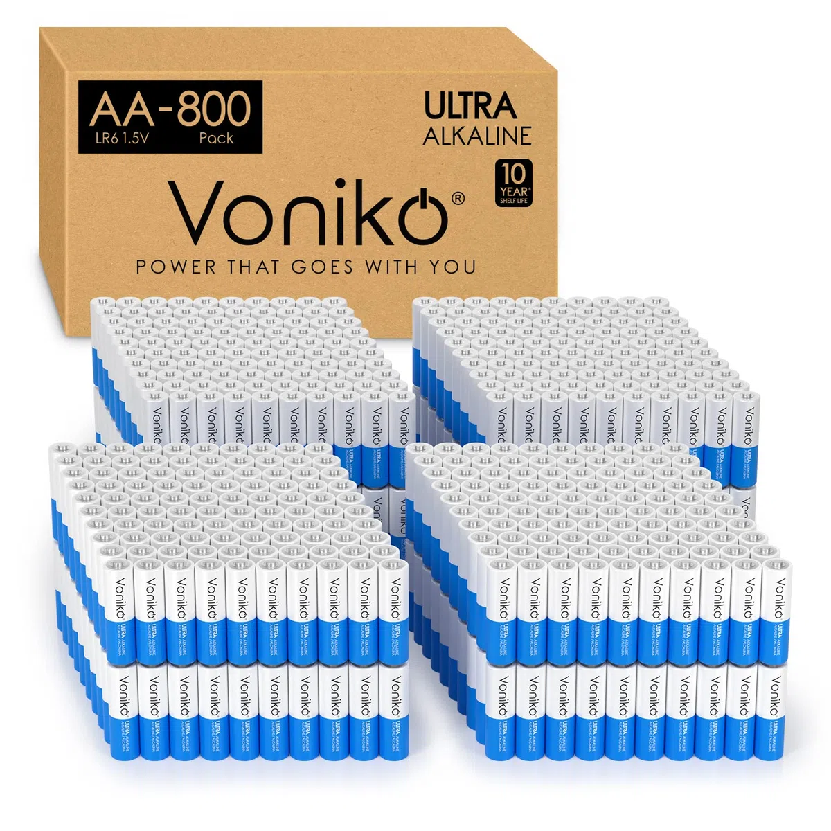 Voniko Hochwertige AA-Batterien, Alkaline-Doppel-A-Batterie, ultra-langlebig, auslaufsicher, 1,5 V Batterien, 10 Jahre Haltbarkeit, 800 Stück