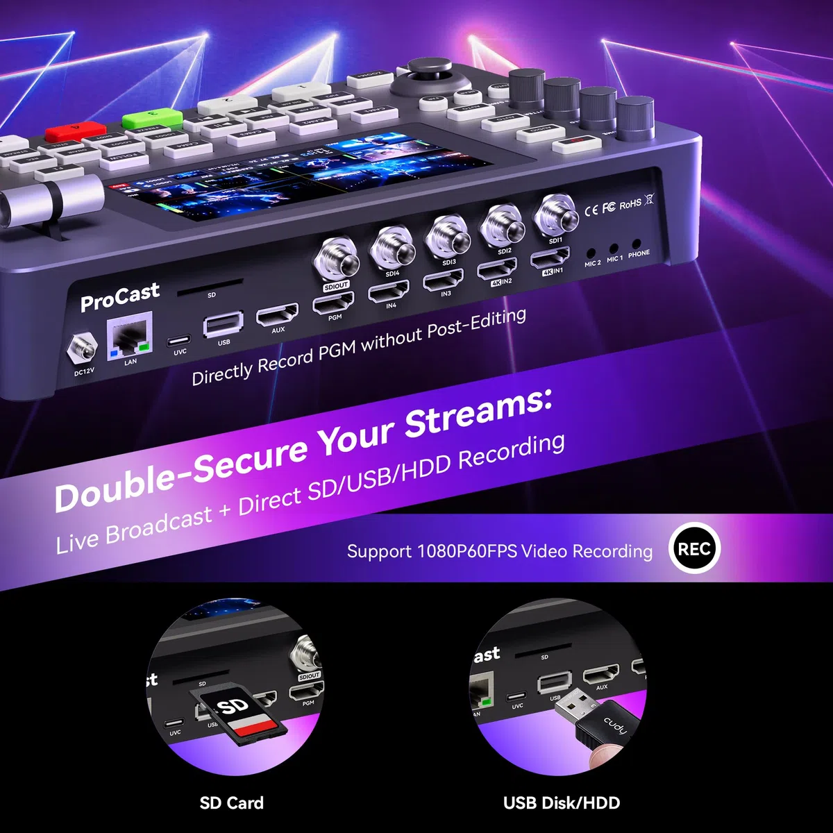 Tenveo Video Mixer Switcher, 4K 60FPS Live-Streaming-Videomischer, 5,5-Zoll-FHD-Bildschirm, 4X SDI und 4X HDMI Eingänge, 1080P 60FPS Ausgang, USB-Aufnahme, PTZ-Kamera- und Controller-Unterstützung