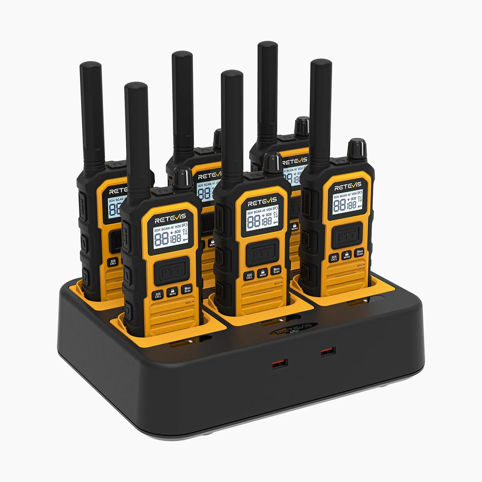 Retevis RB648Plus Walkie Talkies, wasserdichte Funkgeräte Set Industrielle | Handfunkgeräte mit 6-Wege-Ladegerät, 2000mAh, Typ-C,VOX, Vibrationserinnerung für Industrielle(6 Stück, Gelb)