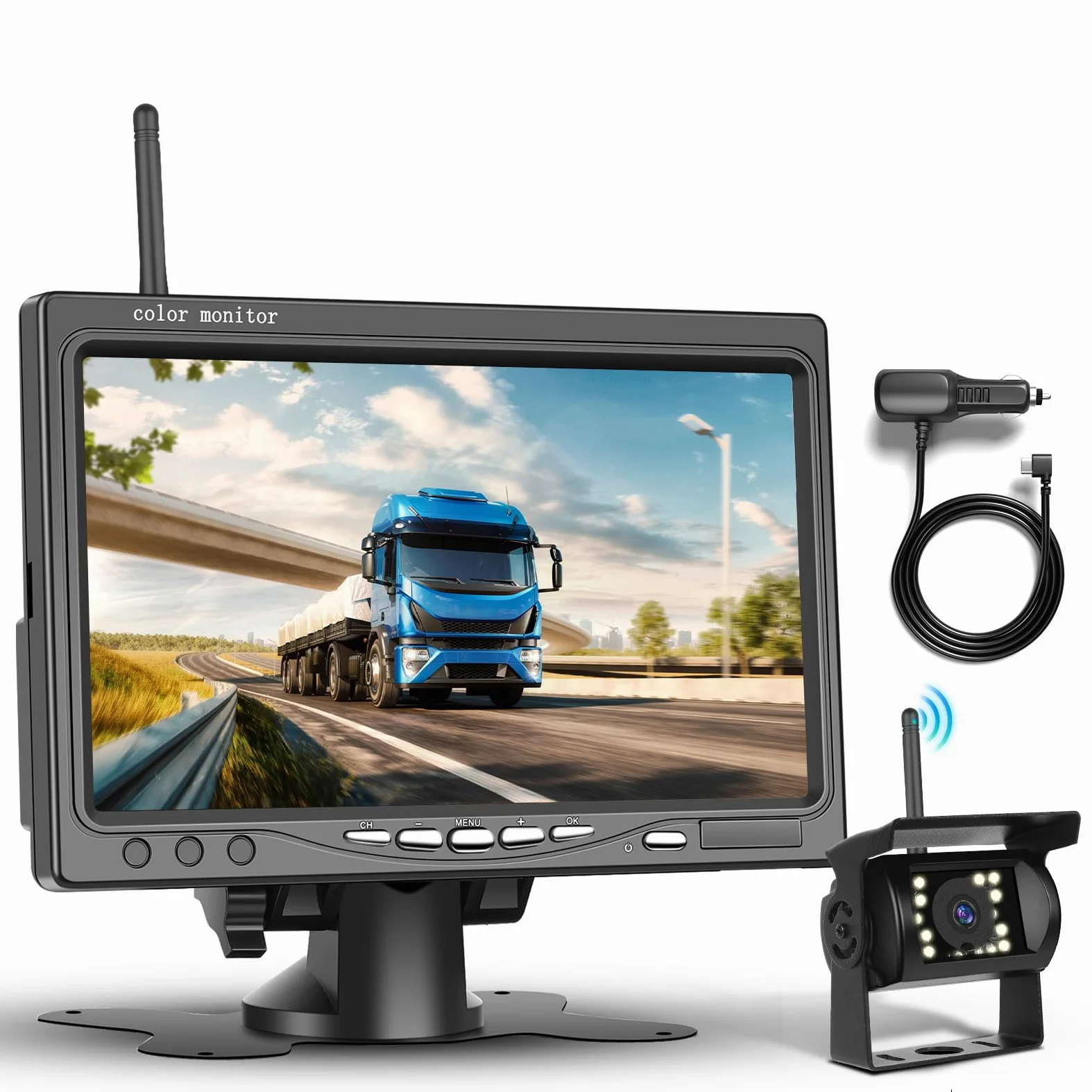 Kabelloses Rückfahrkamera Set HD 1080P, Podofo 7-Zoll Monitor mit Kabelloser Rückfahrkamera für Anhänger, Wohnmobil, LKW, Auto, Bus, IP68 wasserdicht, Nachtsicht, BSD, 12V-36V
