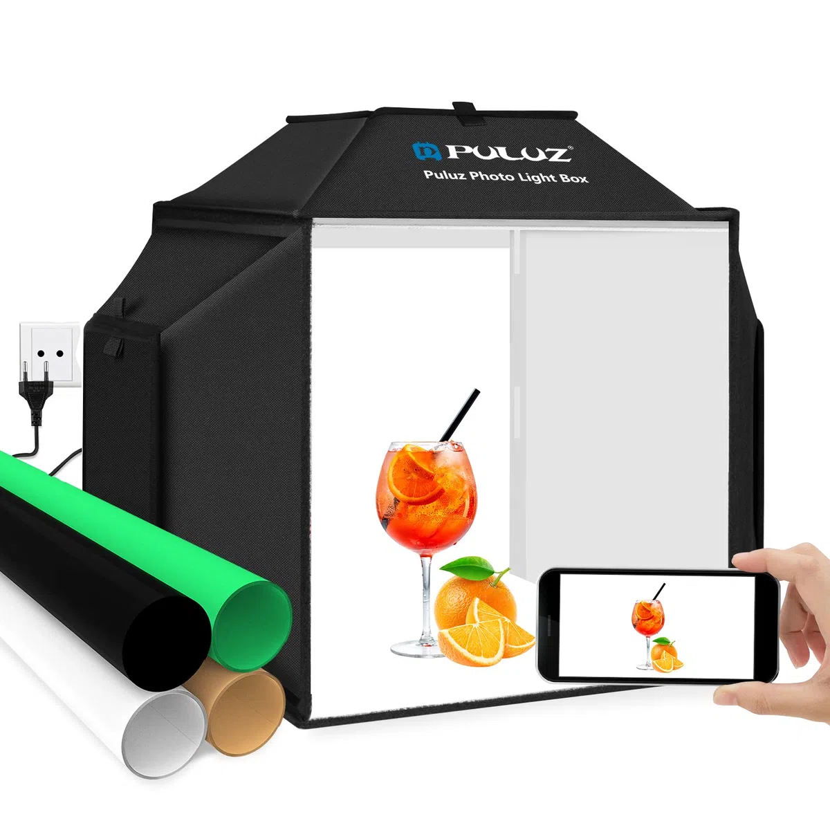 Fotobox & Softbox, PULUZ 40x40cm Fotostudio Set für produktfotografie, Faltbare Foto Lichtbox Fotografie Lichtzelt-Kit 5500K 480pcs LED-Beleuchtung mit 4 Farben PVC-Hintergrund