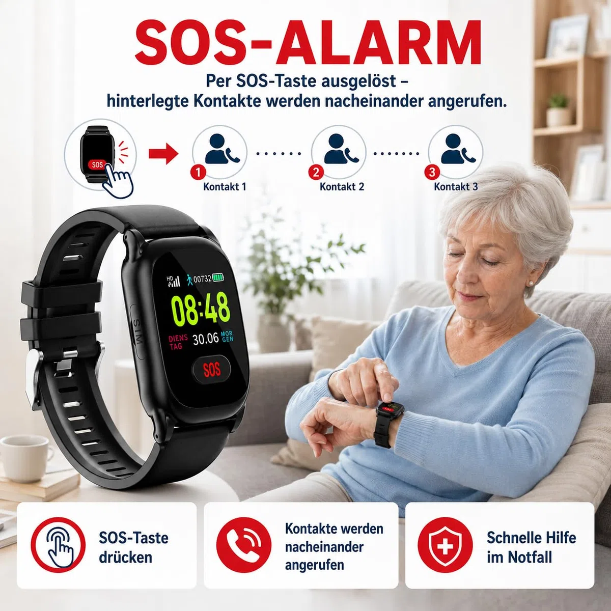 GPS-Notrufuhr NC88S mit 4G, Sturzerkennung und Vitalwertmessung