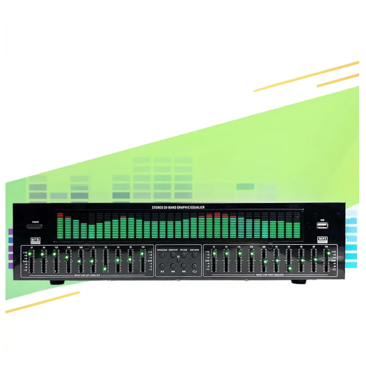 31-Band Grafik Equalizer Digital Equalizer mit Bluetooth 5.4 Optisch-Koaxiale Audio-Decodierung 12 Rhythmusmuster für Heimkino KTV Tonstudio DJ Schwarz