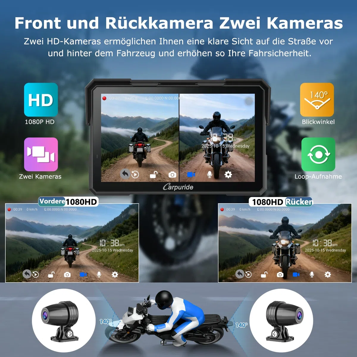 Carpuride W702 Plus 8 Kern Android 14 Motorrad Carplay Bildschirm mit Dual Kameras, Kabellos CarPlay und Android Auto, 7" Wasserdichter Touchscreen, BT Audio, Loop-Aufnahme, Online/Offline Navigation.