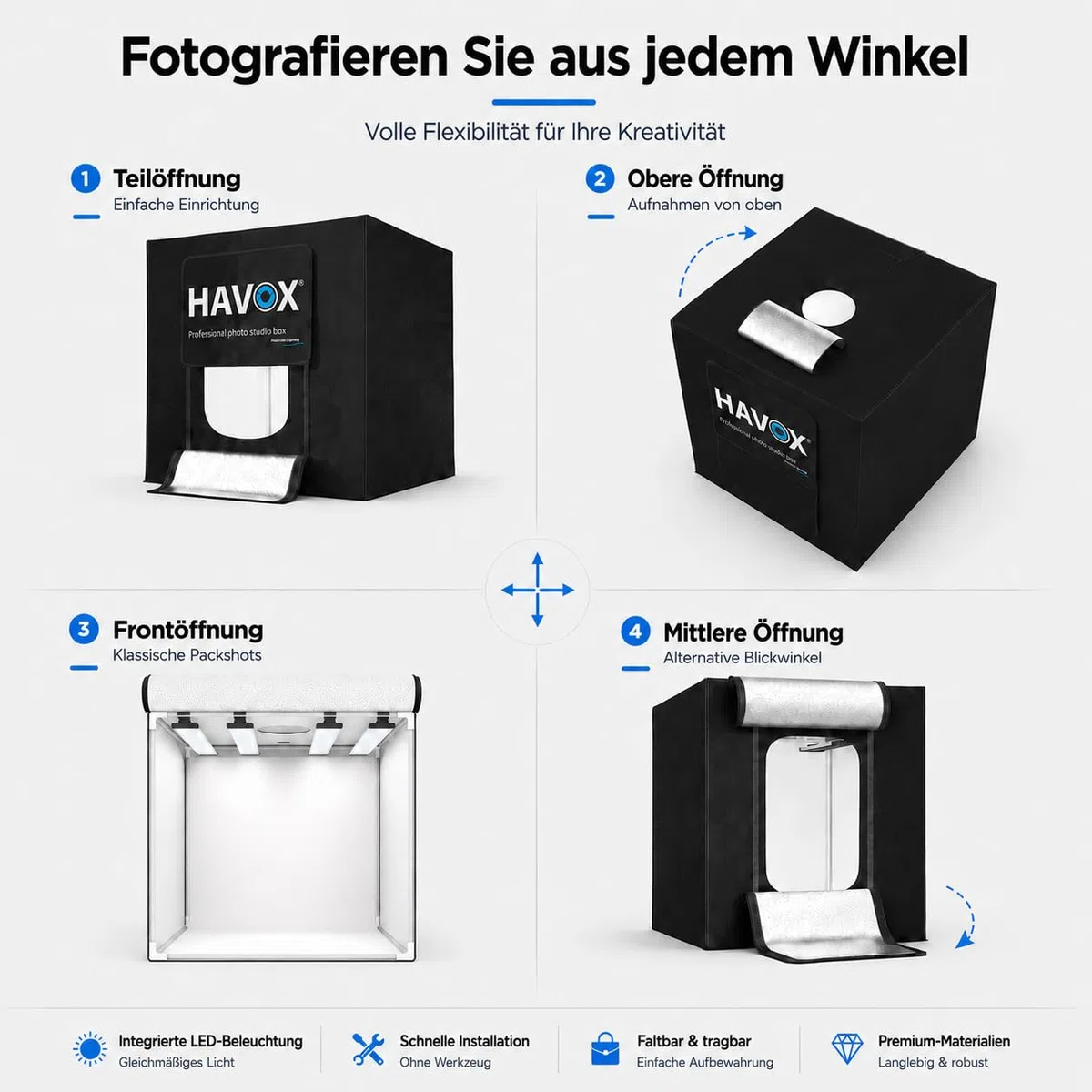 HAVOX Fotostudio HPB-60XD – 60x60x60cm Lichtbox 26000lm mit 240 LEDs – Großes Fotozelt mit 4 verstellbaren Panels – Mini Fotostudio für Kleidung, Schuhe, Produktfotografie