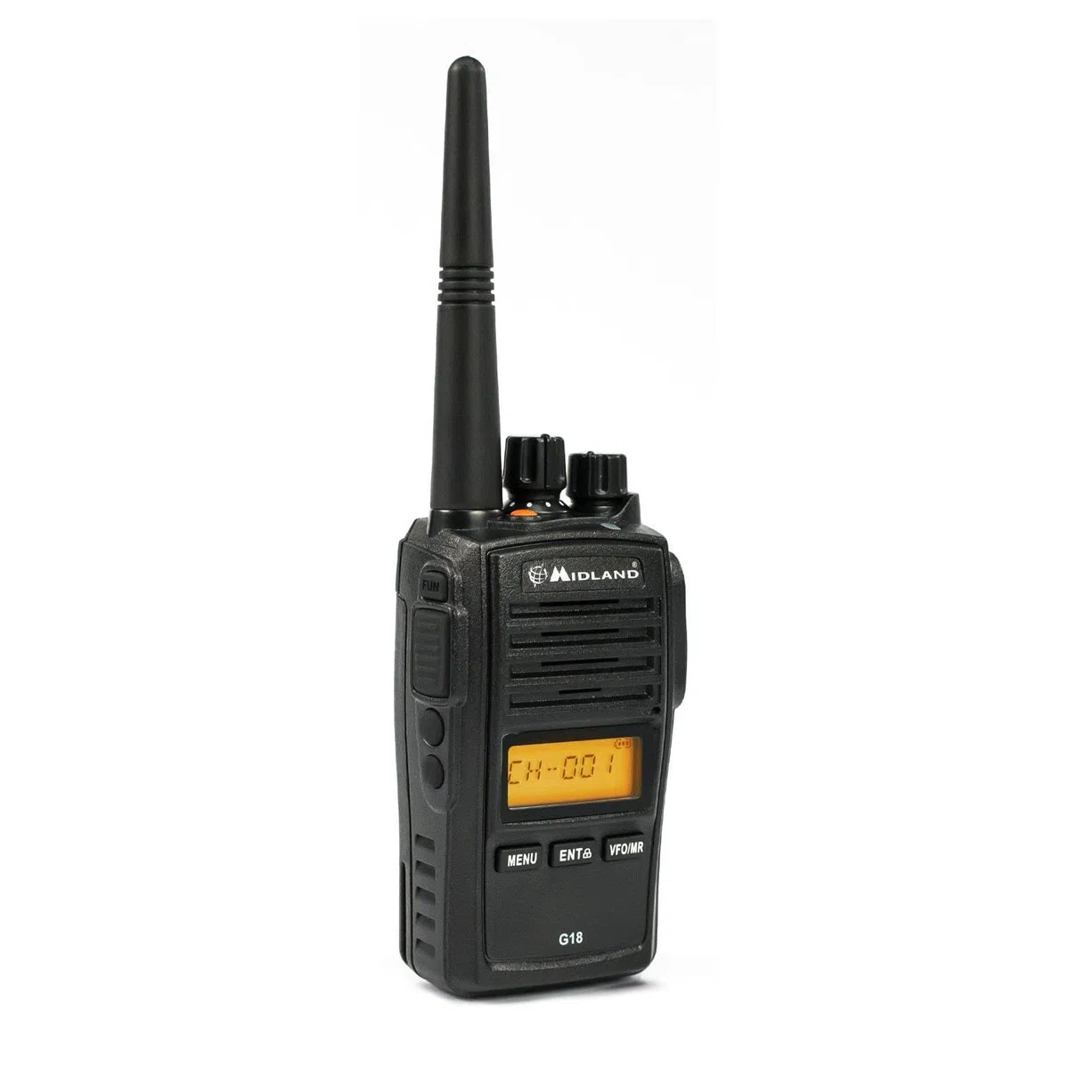 Midland G18 Pro, Two-Way-Funkgerät Walkie Talkie, 99 PMR446-Kanäle, Militärstandard Walkie Talkie, IP67-zertifiziert, Li-Ionen-Akku, Tischladegerät, Gürtelclip, schwarz