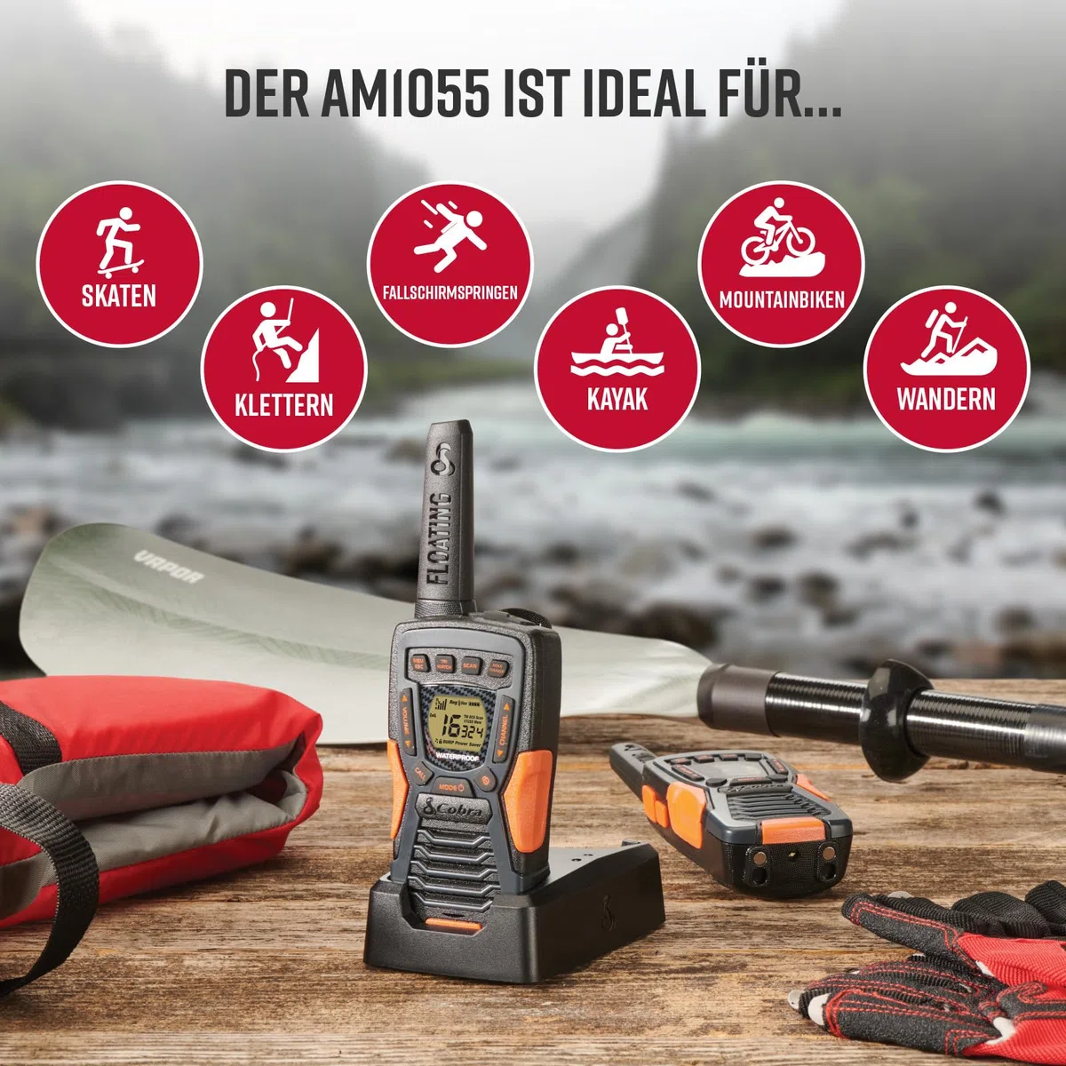 Cobra AM1055 Schwimmfähige und wasserdichte Walkie-Talkies (2er-Pack) – 12 km Reichweite, 16 Kanäle und 121 Codes zur Privatsphäre, VibrAlert, Wiederaufladbare Zwei-Wege-Funkgeräte, Schwarz